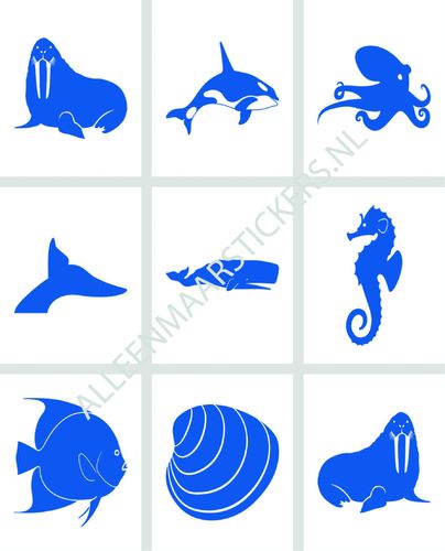 Tegelstickerset zeedieren rechthoekig (9 stickers per set)